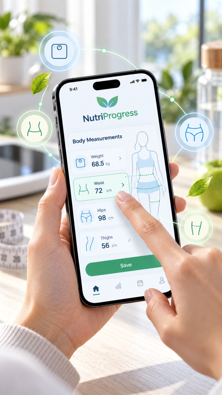 Illustrazione di una persona che inserisce peso e circonferenze su uno smartphone NutriProgress